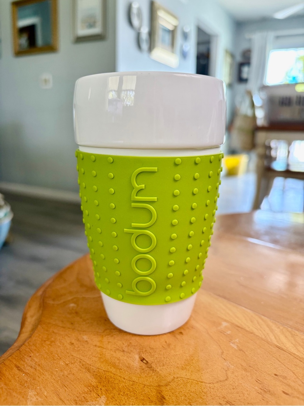 Bodum White and Lime Green Reusable Travel Mug with Textured Grip